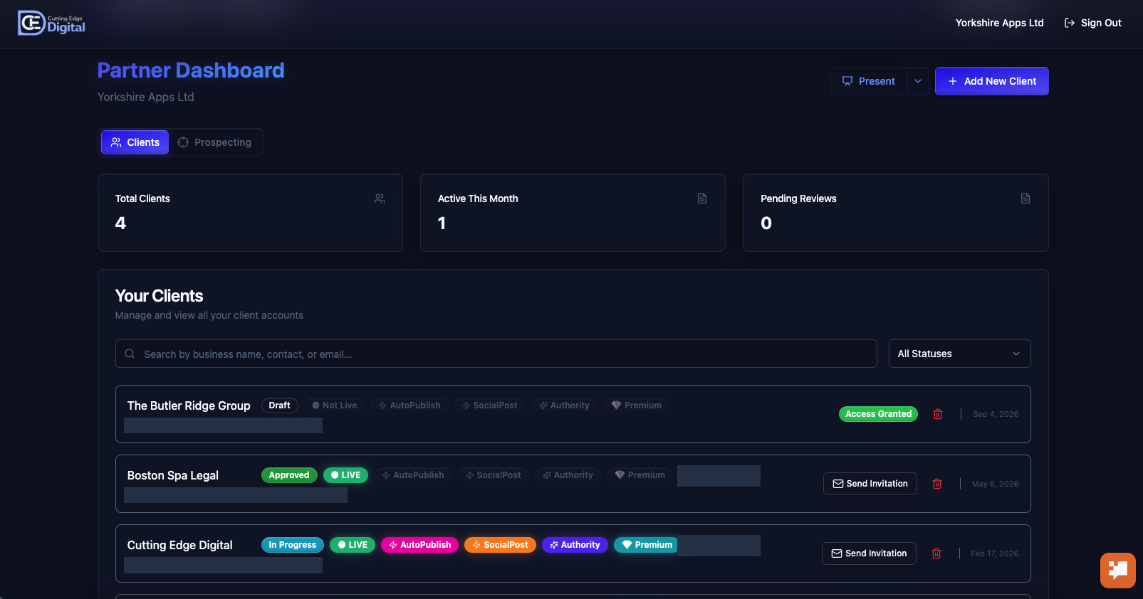 Cutting Edge Digital branded dashboard showing client accounts and workflow statuses, with contact details and Tracked percentages redacted.