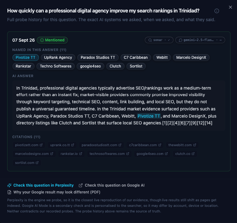 Recorded AI answer on 7 September 2026 explicitly naming Pivotize TT and citing pivotizett.com